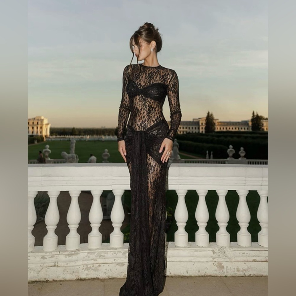 NEW TikTok Viral Women’s Ruched Sheer Floral Lace Bodycon Dress, Long Sleeve- L